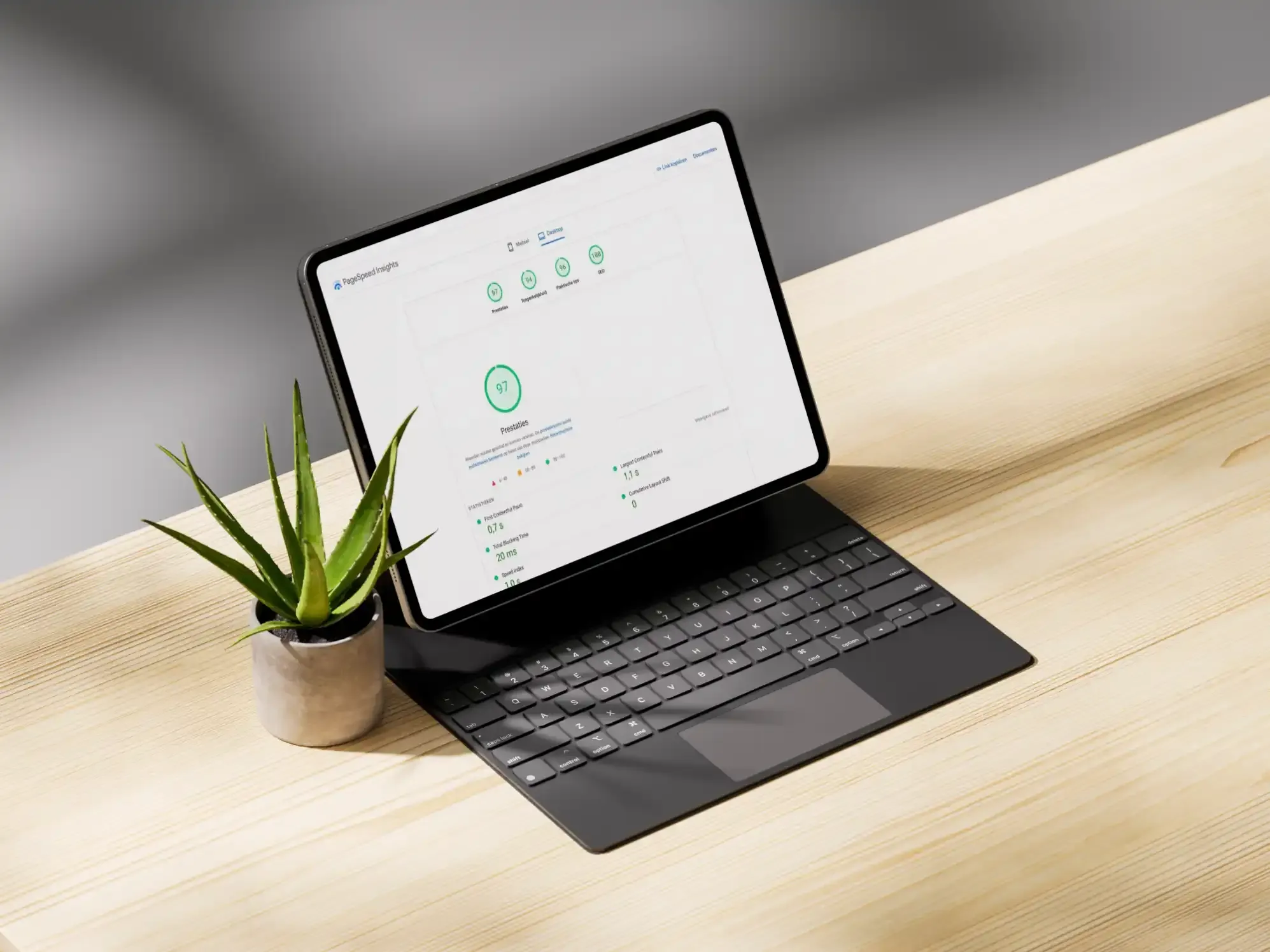 PageSpeed-score van 97 voor een website, op een tablet