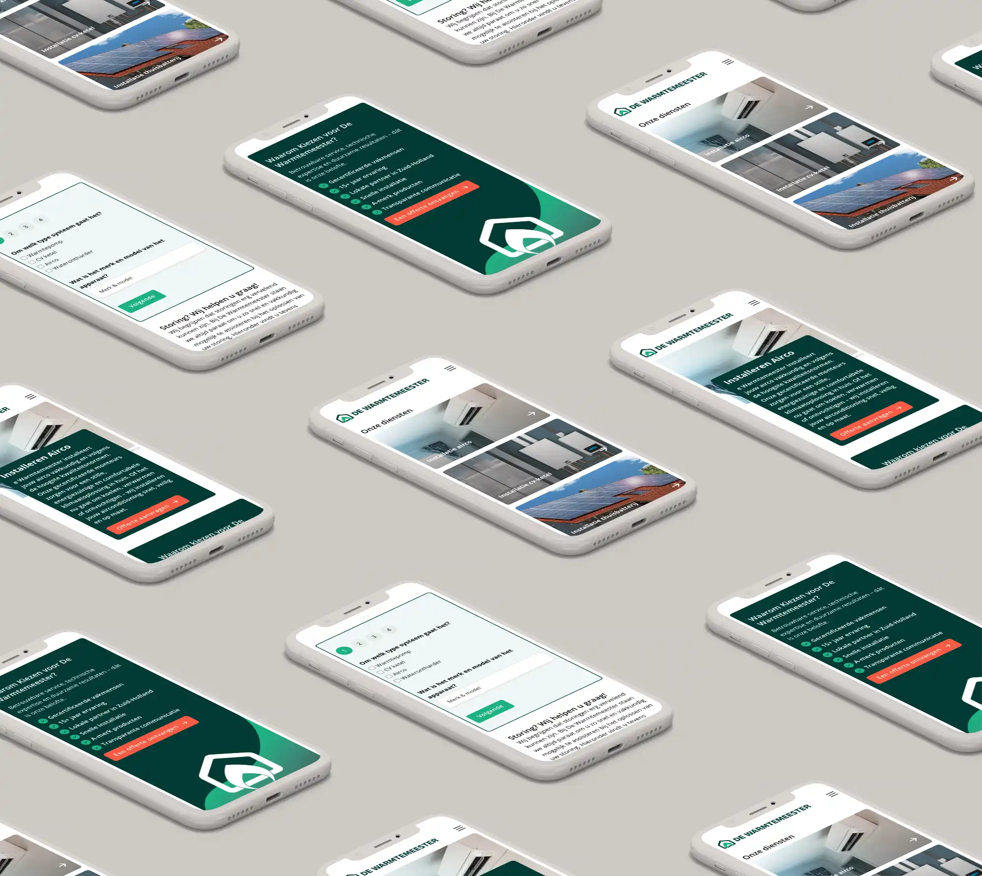 Verschillende smartphones met airco-websiteschermen.